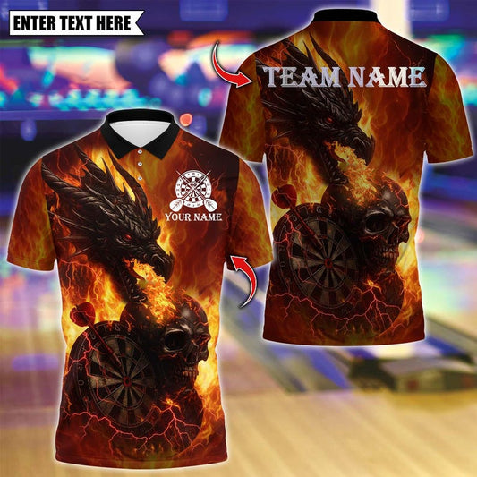 Personalized Name Dart Polo Shirt, Flame Dragon And Skull With Dartboard Design ,Custom Team Shirt for Men, Gift for Darts Players
