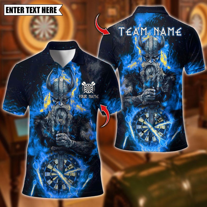 Personalized Name Dart Polo Shirt, Flame Viking Warrior With Dartboard Design ,Custom Team Shirt for Men, Gift for Darts Players