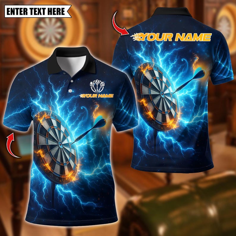 Personalized Name Dart Polo Shirt, Thunder Lightning With Dartboard Design ,Custom Team Shirt for Men, Gift for Darts Players