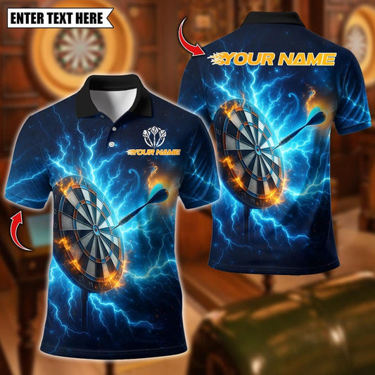 Personalized Name Dart Polo Shirt, Thunder Lightning With Dartboard Design ,Custom Team Shirt for Men, Gift for Darts Players