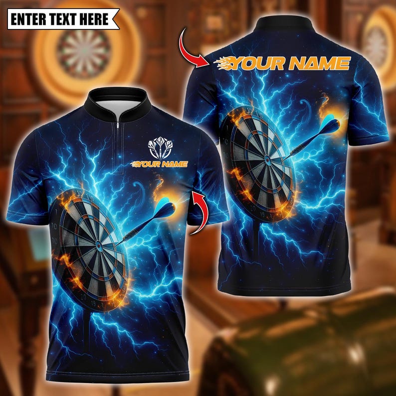 Personalized Name Dart Polo Shirt, Thunder Lightning With Dartboard Design ,Custom Team Shirt for Men, Gift for Darts Players
