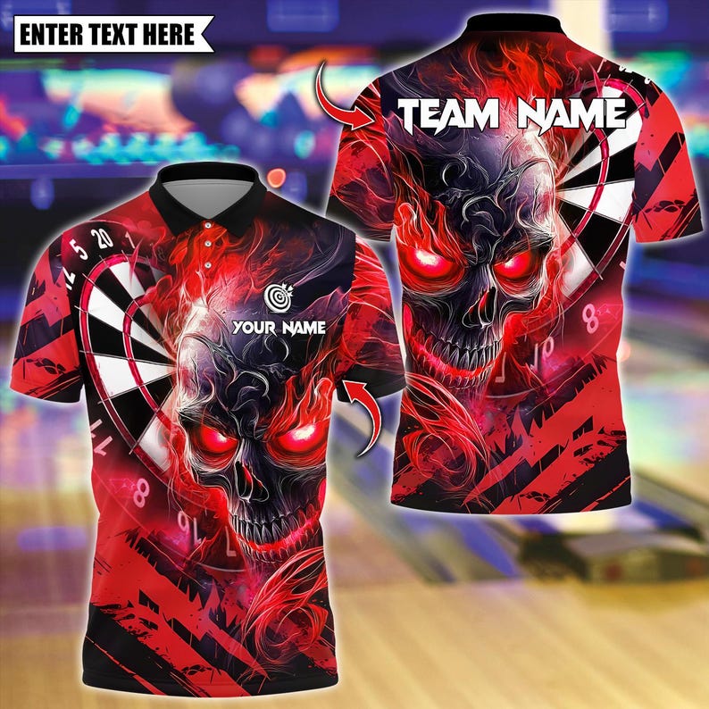 Personalized Name Dart Polo Shirt, Dark Vibes Mystery Flame Skull With Dartboard Design ,Custom Team Shirt for Men, Gift for Darts Players