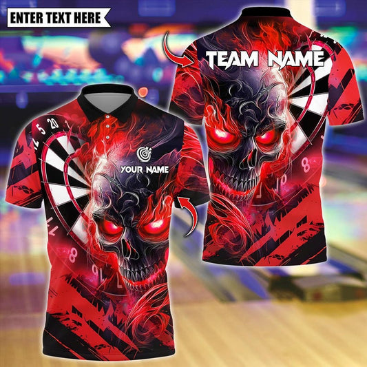 Personalized Name Dart Polo Shirt, Dark Vibes Mystery Flame Skull With Dartboard Design ,Custom Team Shirt for Men, Gift for Darts Players