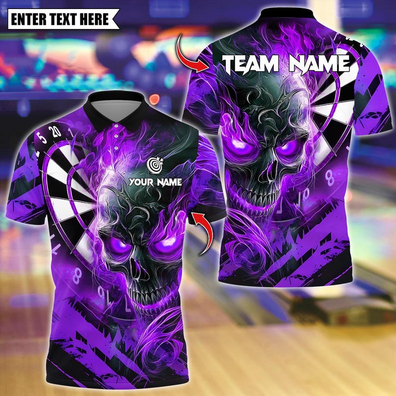 Personalized Name Dart Polo Shirt, Dark Vibes Mystery Flame Skull With Dartboard Design ,Custom Team Shirt for Men, Gift for Darts Players