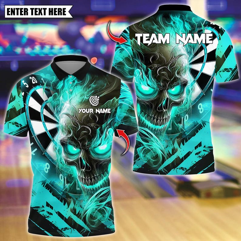 Personalized Name Dart Polo Shirt, Dark Vibes Mystery Flame Skull With Dartboard Design ,Custom Team Shirt for Men, Gift for Darts Players
