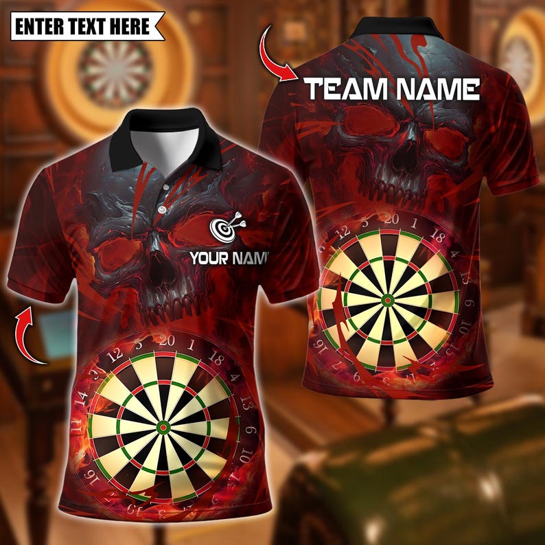 Personalized Name Dart Polo Shirt, Dark Vibes Mystery Skull With Dartboard Design ,Custom Team Shirt for Men, Gift for Darts Players