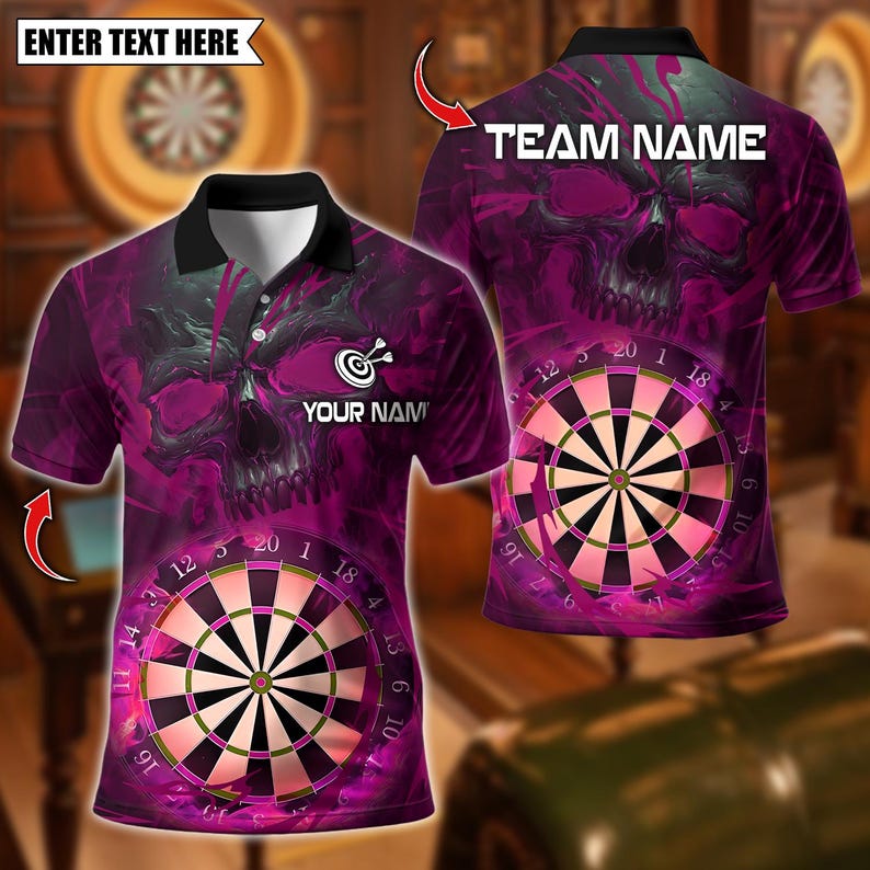 Personalized Name Dart Polo Shirt, Dark Vibes Mystery Skull With Dartboard Design ,Custom Team Shirt for Men, Gift for Darts Players
