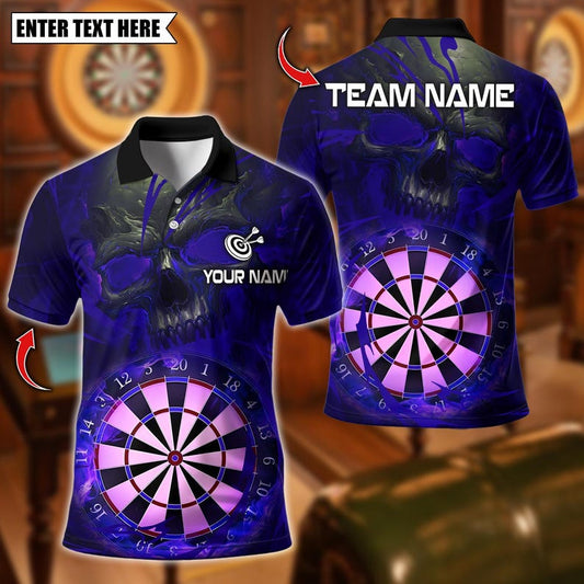 Personalized Name Dart Polo Shirt, Dark Vibes Mystery Skull With Dartboard Design ,Custom Team Shirt for Men, Gift for Darts Players