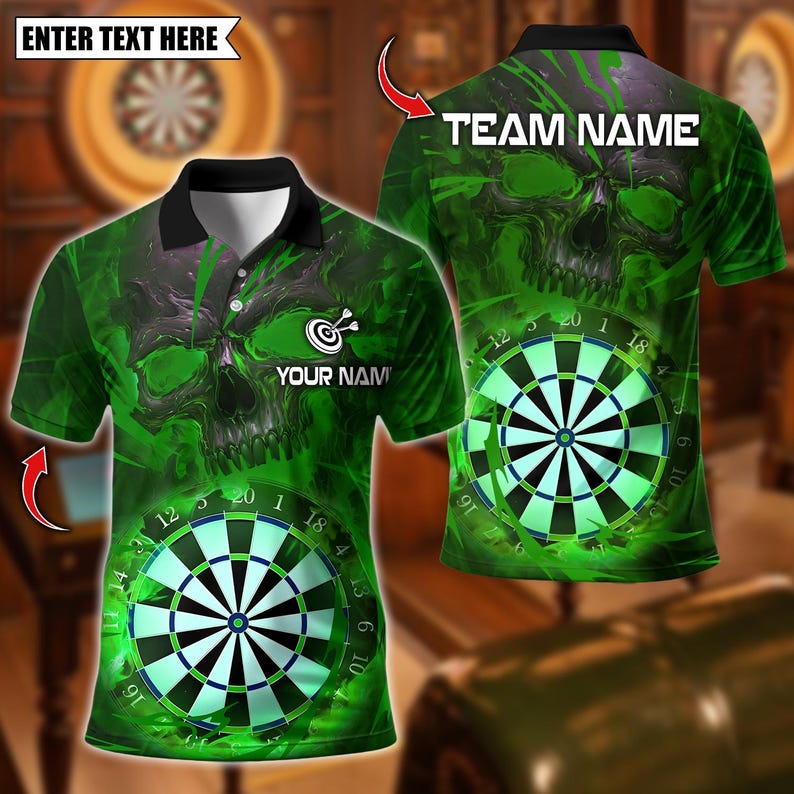 Personalized Name Dart Polo Shirt, Dark Vibes Mystery Skull With Dartboard Design ,Custom Team Shirt for Men, Gift for Darts Players