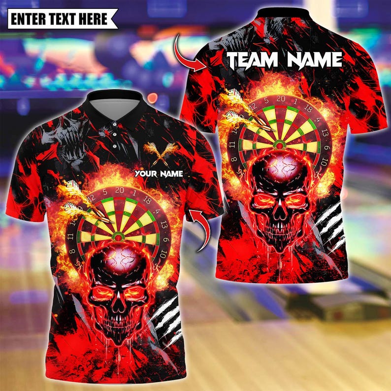 Personalized Name Dart Polo Shirt, Dark Vibes Mystery Flame Skull With Dartboard Design ,Custom Team Shirt for Men, Gift for Darts Players