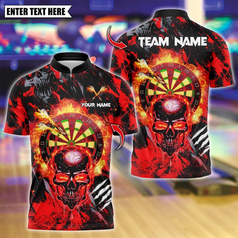 Personalized Name Dart Polo Shirt, Dark Vibes Mystery Flame Skull With Dartboard Design ,Custom Team Shirt for Men, Gift for Darts Players