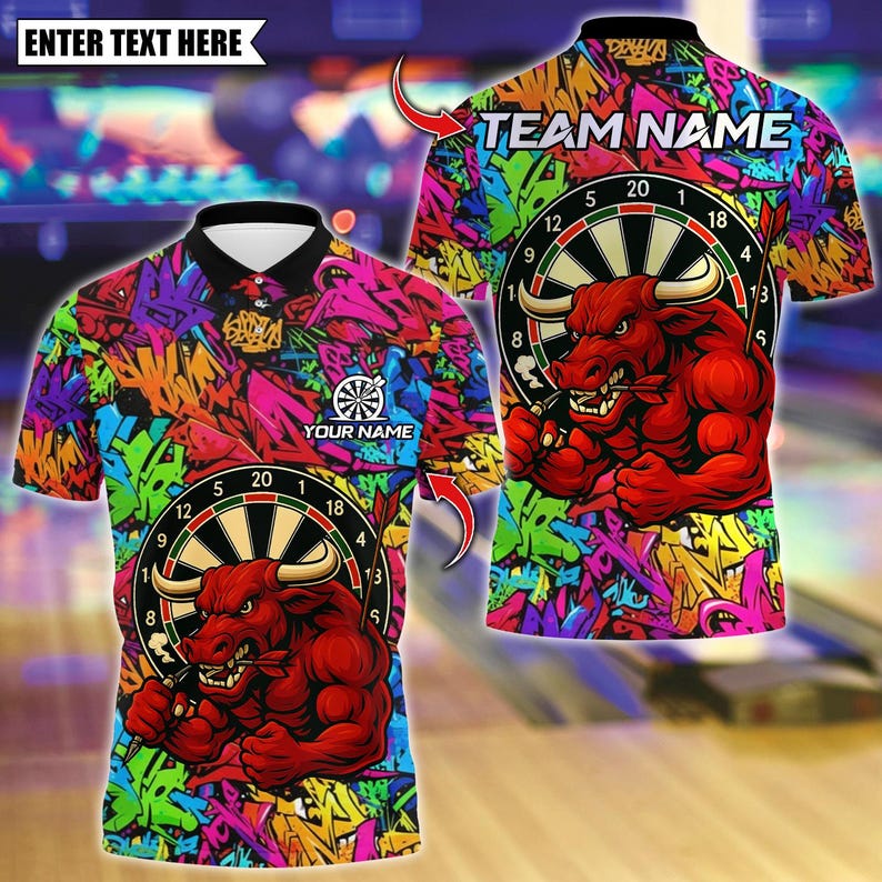 Personalized Name Dart Polo Shirt, Muscle Bull With Dartboard Design ,Custom Team Shirt for Men, Gift for Darts Players