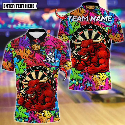 Personalized Name Dart Polo Shirt, Muscle Bull With Dartboard Design ,Custom Team Shirt for Men, Gift for Darts Players