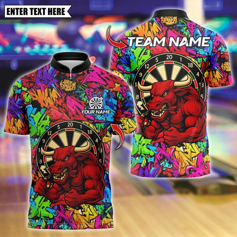 Personalized Name Dart Polo Shirt, Muscle Bull With Dartboard Design ,Custom Team Shirt for Men, Gift for Darts Players