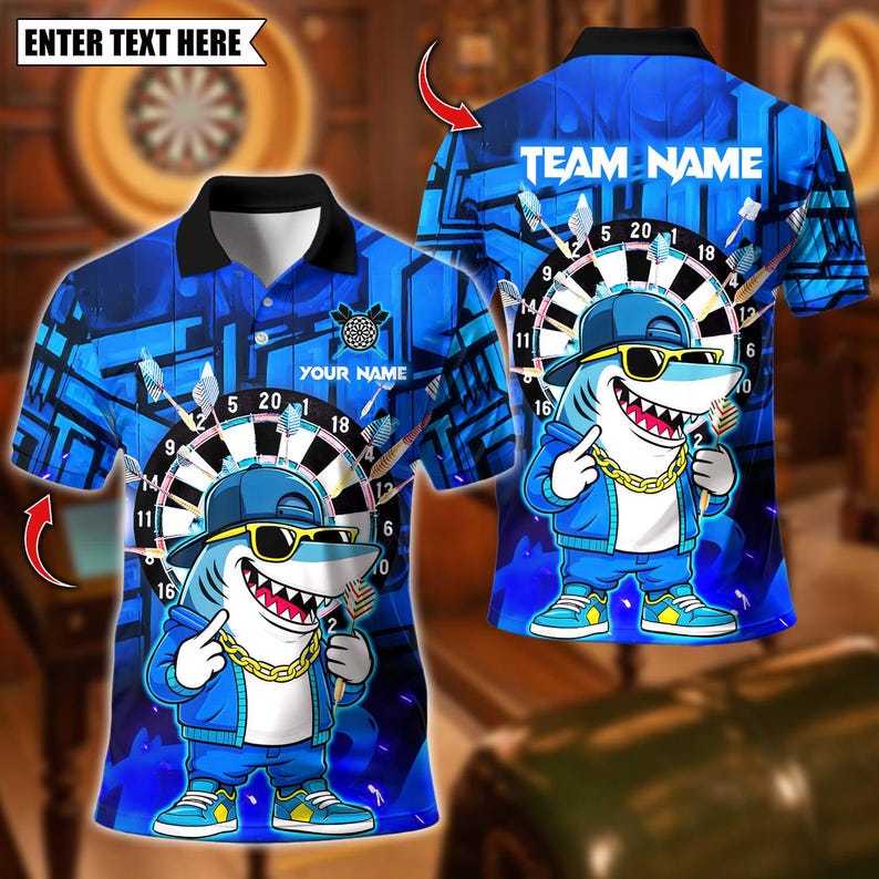 Personalized Name Dart Polo Shirt, Cool Hiphop Shark With Dartboard Design ,Custom Team Shirt for Men, Gift for Darts Players