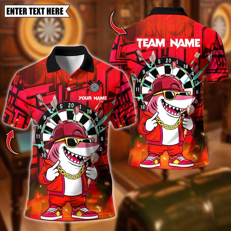 Personalized Name Dart Polo Shirt, Cool Hiphop Shark With Dartboard Design ,Custom Team Shirt for Men, Gift for Darts Players