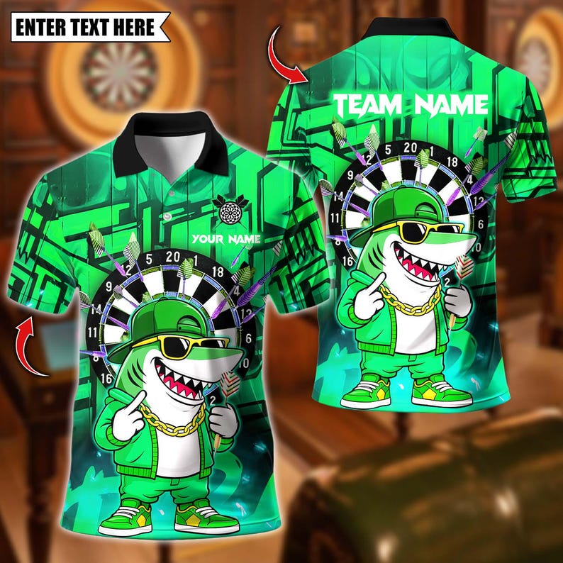 Personalized Name Dart Polo Shirt, Cool Hiphop Shark With Dartboard Design ,Custom Team Shirt for Men, Gift for Darts Players