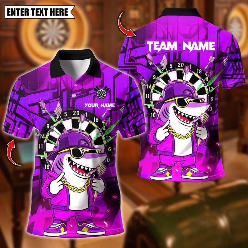 Personalized Name Dart Polo Shirt, Cool Hiphop Shark With Dartboard Design ,Custom Team Shirt for Men, Gift for Darts Players