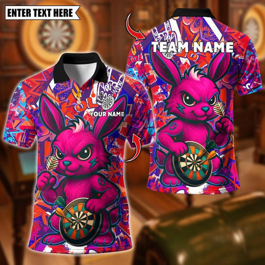 Personalized Name Dart Polo Shirt, Cool Bunny With Dartboard Design ,Custom Team Shirt for Men, Gift for Darts Players