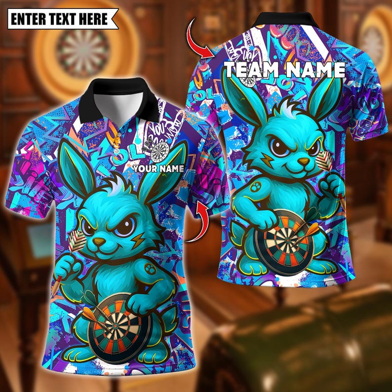 Personalized Name Dart Polo Shirt, Cool Bunny With Dartboard Design ,Custom Team Shirt for Men, Gift for Darts Players