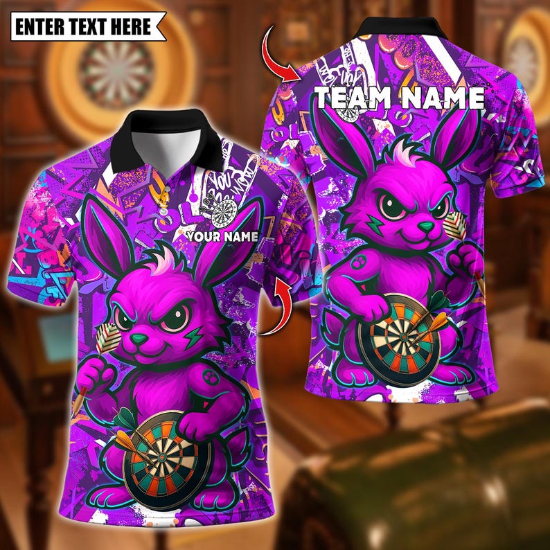 Personalized Name Dart Polo Shirt, Cool Bunny With Dartboard Design ,Custom Team Shirt for Men, Gift for Darts Players