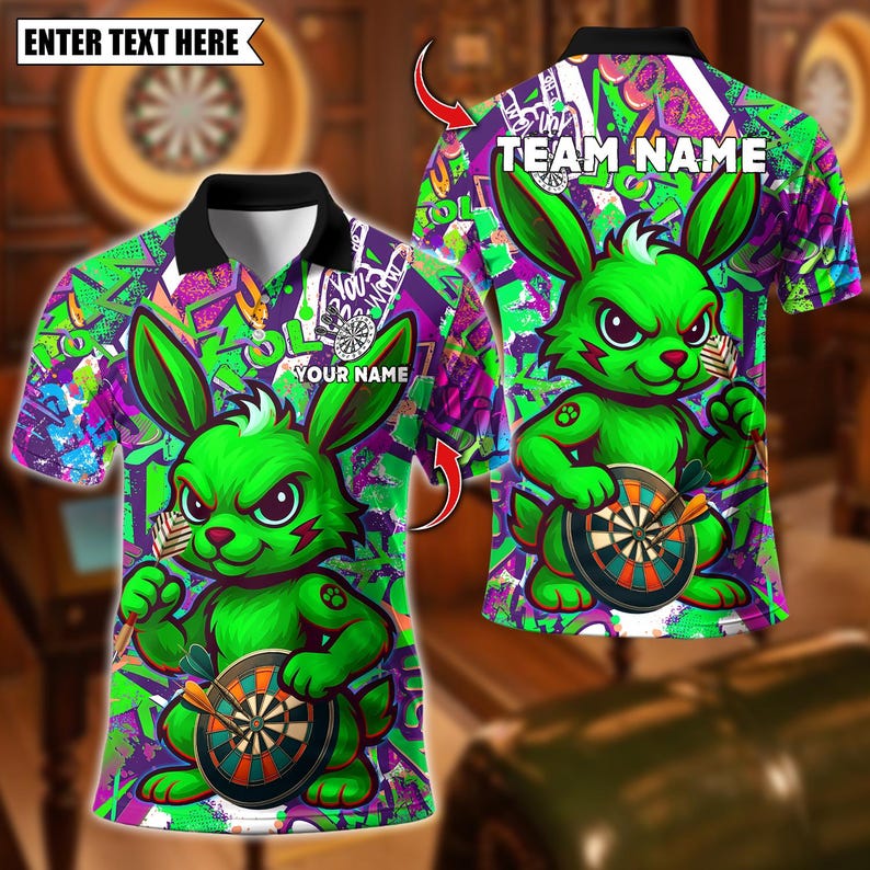 Personalized Name Dart Polo Shirt, Cool Bunny With Dartboard Design ,Custom Team Shirt for Men, Gift for Darts Players