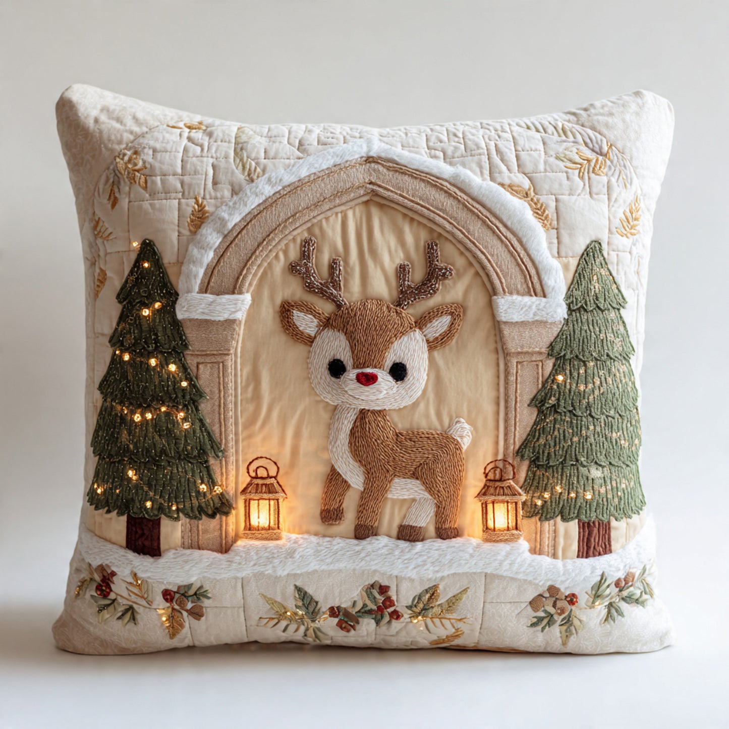 Cute Baby Reindeer LED Embroidered Cushion – Christmas Woodland Pillow