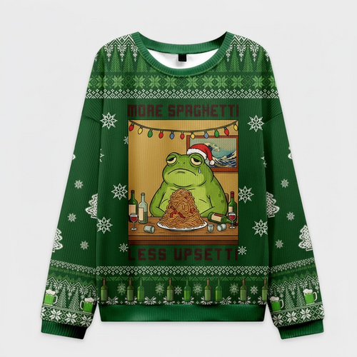 🐸 More Spaghetti Less Upsetti Frog Sweater – Funny Meme Ugly Christmas Jumper