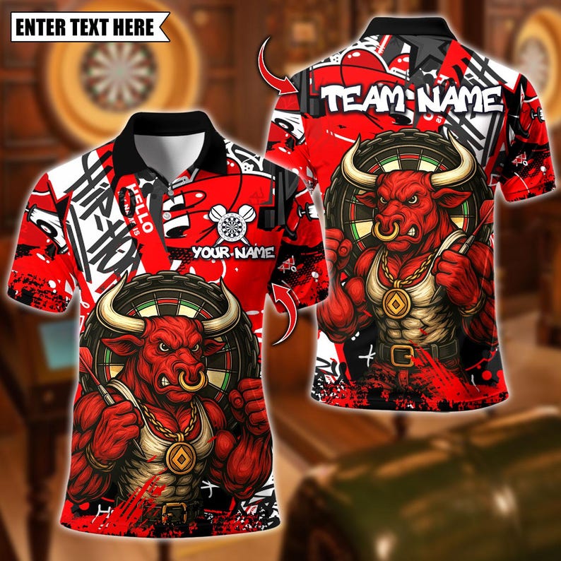 Personalized Name Dart Polo Shirt, Fire Bull Darts Design ,Custom Team Shirt for Men, Gift for Darts Players