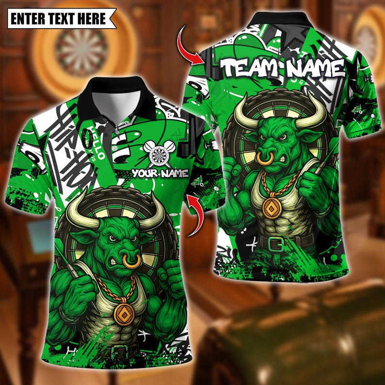 Personalized Name Dart Polo Shirt, Fire Bull Darts Design ,Custom Team Shirt for Men, Gift for Darts Players