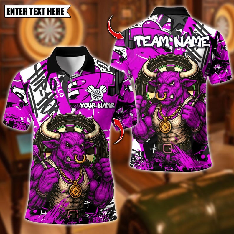 Personalized Name Dart Polo Shirt, Fire Bull Darts Design ,Custom Team Shirt for Men, Gift for Darts Players