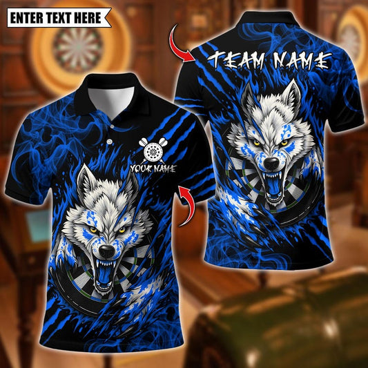 Personalized Name Dart Polo Shirt, White Wolf With Dartboard Design ,Custom Team Shirt for Men, Gift for Darts Players