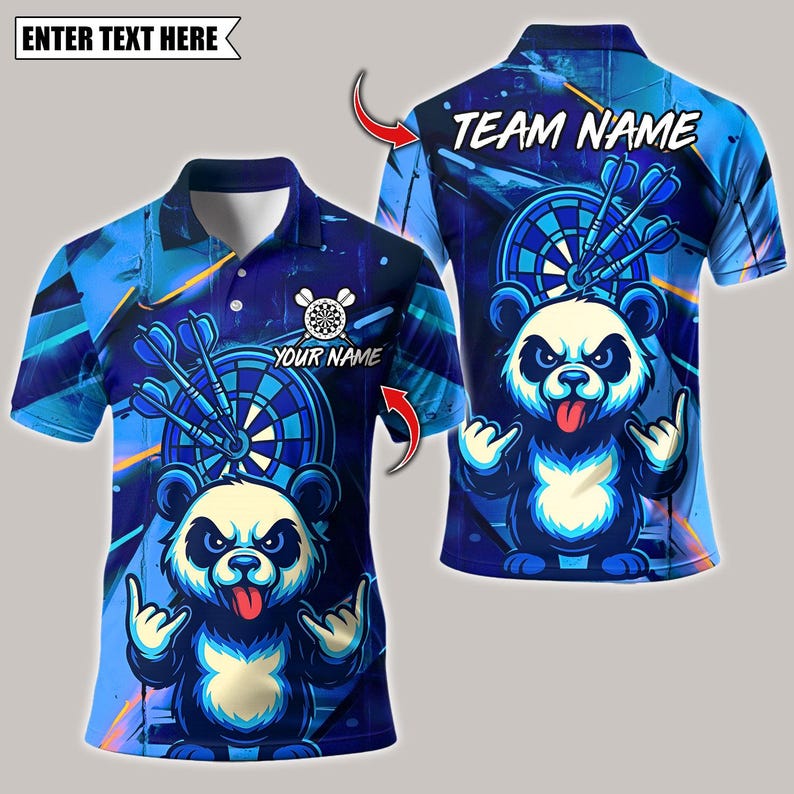 Personalized Name Dart Polo Shirt, Rock Graffiti Panda with Dartboard Design ,Custom Team Shirt for Men, Gift for Darts Players