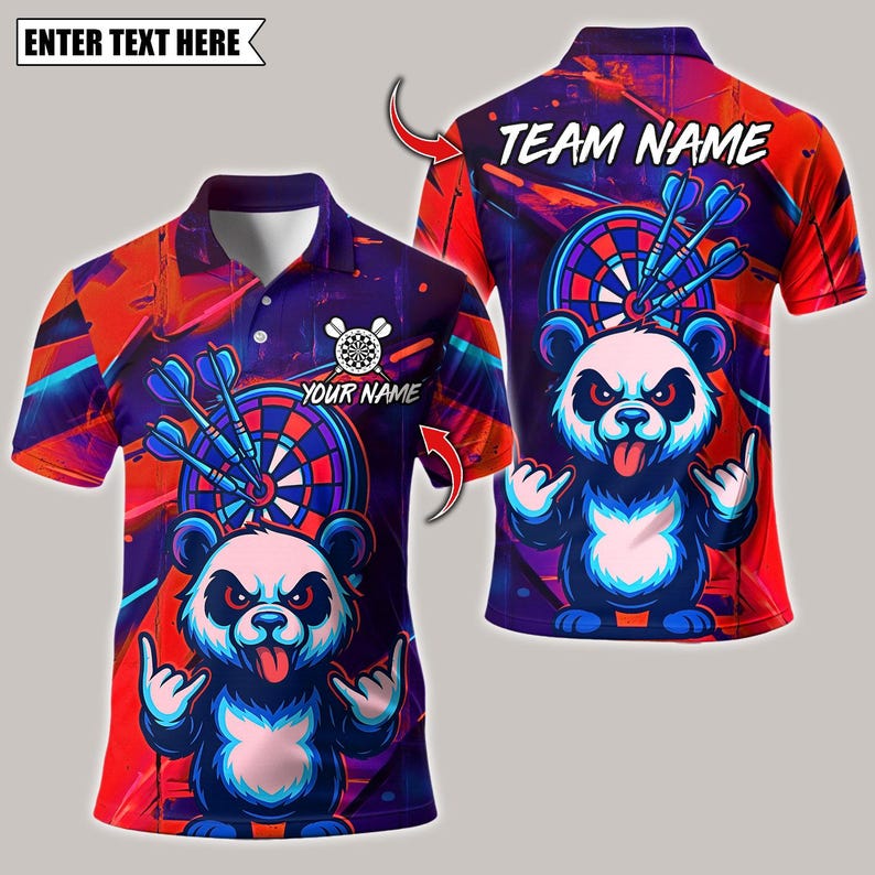Personalized Name Dart Polo Shirt, Rock Graffiti Panda with Dartboard Design ,Custom Team Shirt for Men, Gift for Darts Players