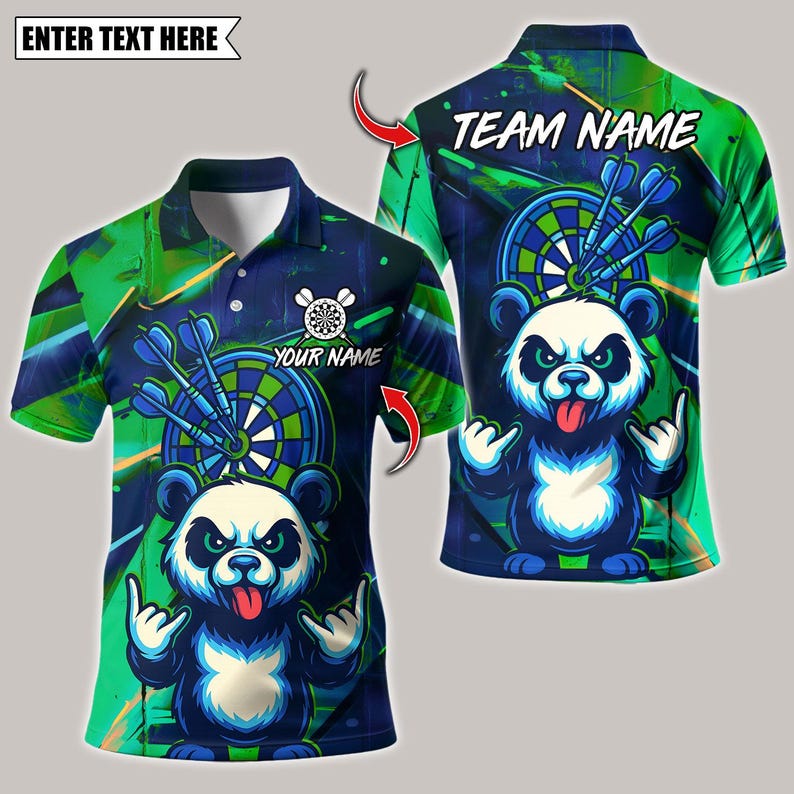 Personalized Name Dart Polo Shirt, Rock Graffiti Panda with Dartboard Design ,Custom Team Shirt for Men, Gift for Darts Players