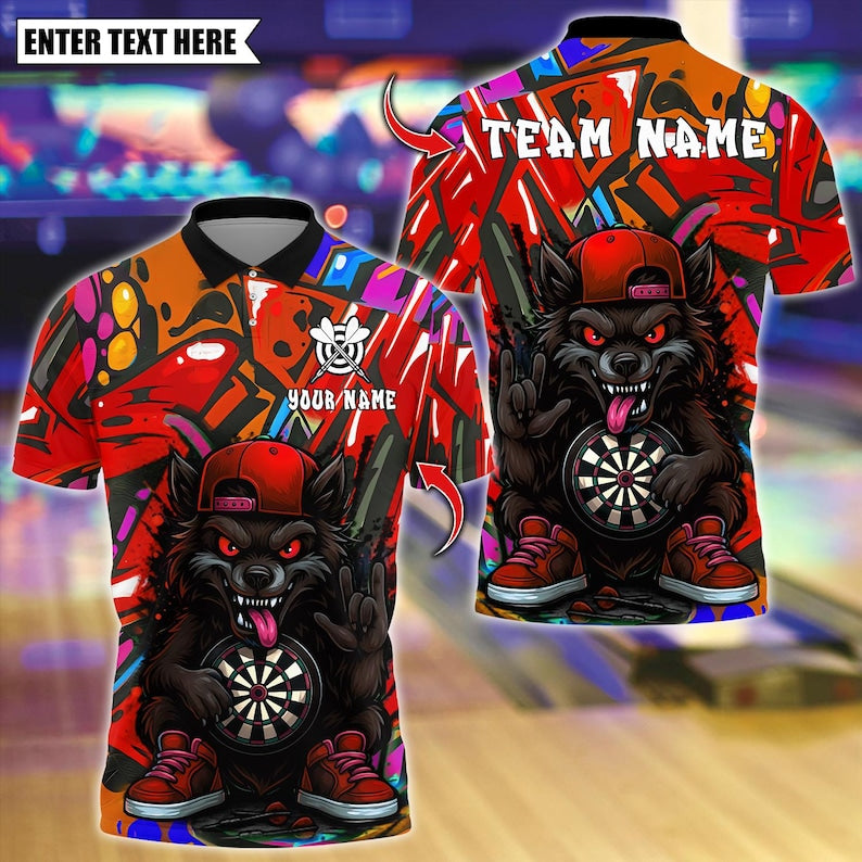 Personalized Name Dart Polo Shirt, Dart Cartoon Wolf Graffiti Multicolor Options Design ,Custom Team Shirt for Men, Gift for Darts Players