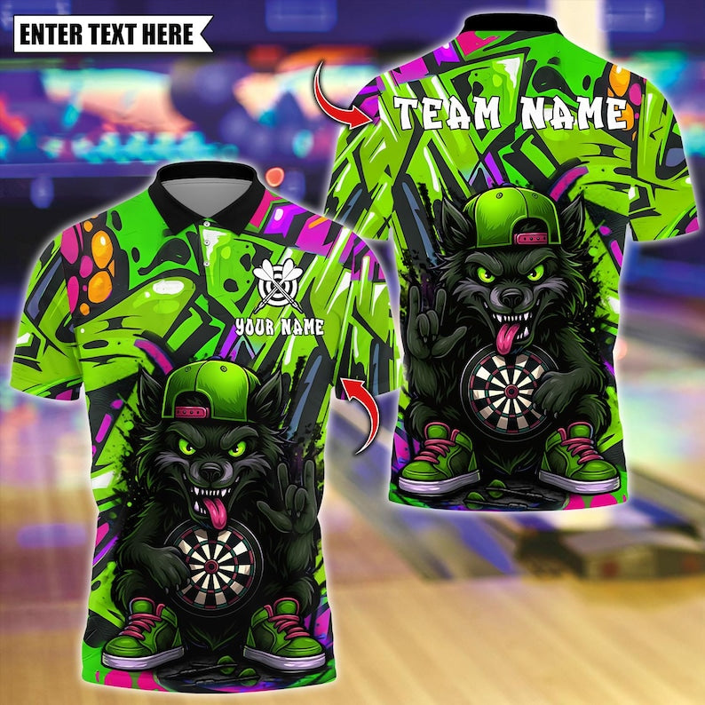 Personalized Name Dart Polo Shirt, Dart Cartoon Wolf Graffiti Multicolor Options Design ,Custom Team Shirt for Men, Gift for Darts Players