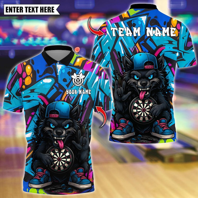 Personalized Name Dart Polo Shirt, Dart Cartoon Wolf Graffiti Multicolor Options Design ,Custom Team Shirt for Men, Gift for Darts Players