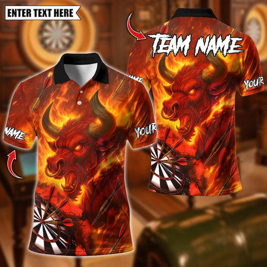 Personalized Name Dart Polo Shirt, Flame Bull With Fire Dartboard Design ,Custom Team Shirt for Men, Gift for Darts Players
