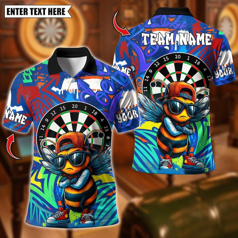 Personalized Name Dart Polo Shirt, Cool Bee Graffiti Urban With Dartboard Design ,Custom Team Shirt for Men, Gift for Darts Players