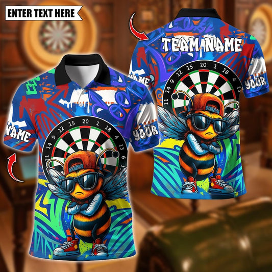 Personalized Name Dart Polo Shirt, Cool Bee Graffiti Urban With Dartboard Design ,Custom Team Shirt for Men, Gift for Darts Players