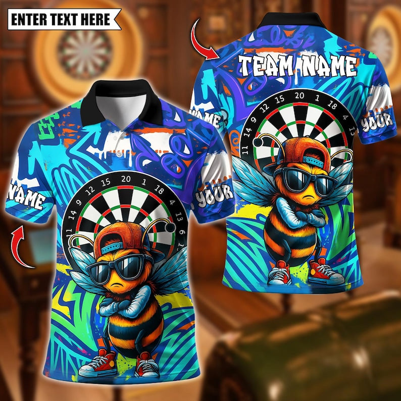 Personalized Name Dart Polo Shirt, Cool Bee Graffiti Urban With Dartboard Design ,Custom Team Shirt for Men, Gift for Darts Players