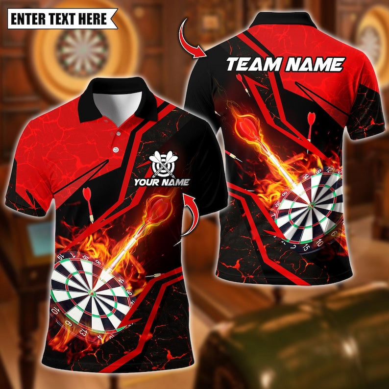 Personalized Name Dart Polo Shirt, Flame With Dartboard Design ,Custom Team Shirt for Men, Gift for Darts Players