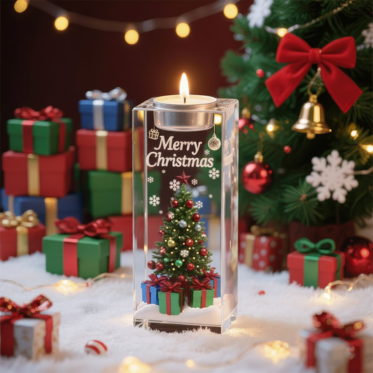 🎄 Merry Christmas Candle – Festive Tree Acrylic Light with Gift Boxes