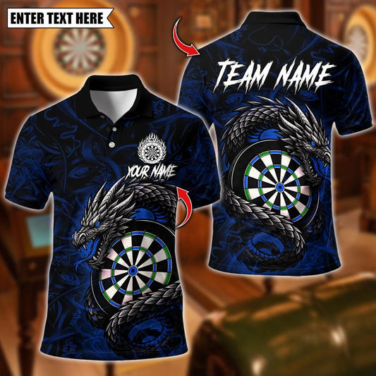 Personalized Name Dart Polo Shirt, Darts Custom Black And Blue Flame Dragon Design ,Custom Team Shirt for Men, Gift for Darts Players