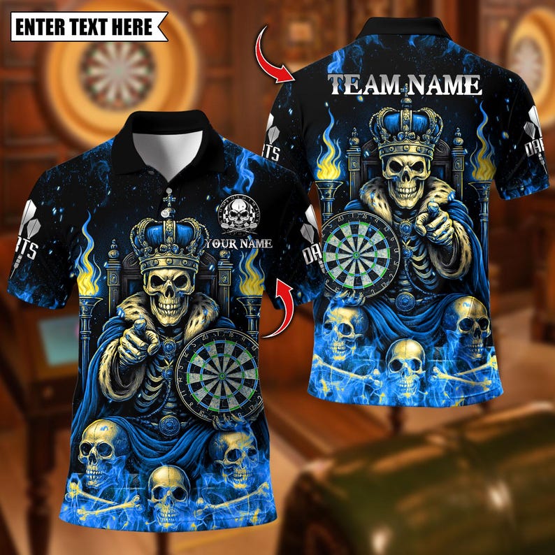 Personalized Name Dart Polo Shirt, King Skeleton With Dartboard Design ,Custom Team Shirt for Men, Gift for Darts Players