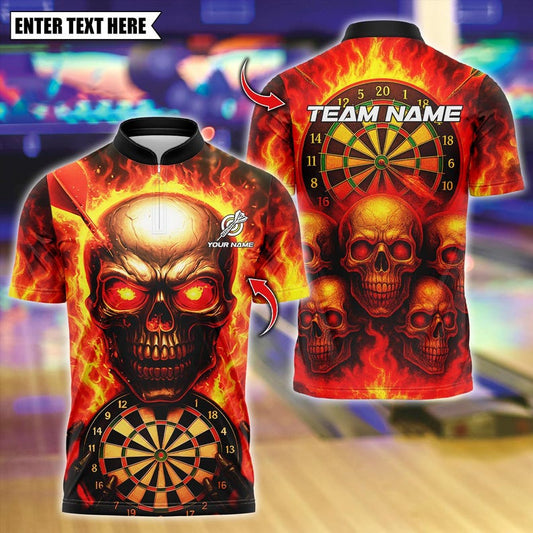 Personalized Name Dart Polo Shirt, Flame Skull With Dartboard Design ,Custom Team Shirt for Men, Gift for Darts Players
