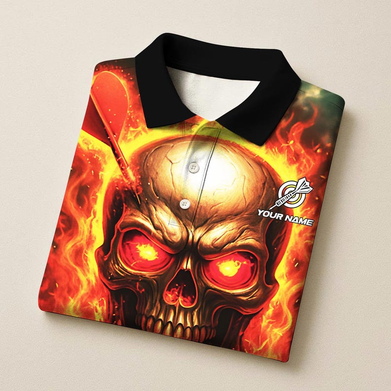 Personalized Name Dart Polo Shirt, Flame Skull With Dartboard Design ,Custom Team Shirt for Men, Gift for Darts Players
