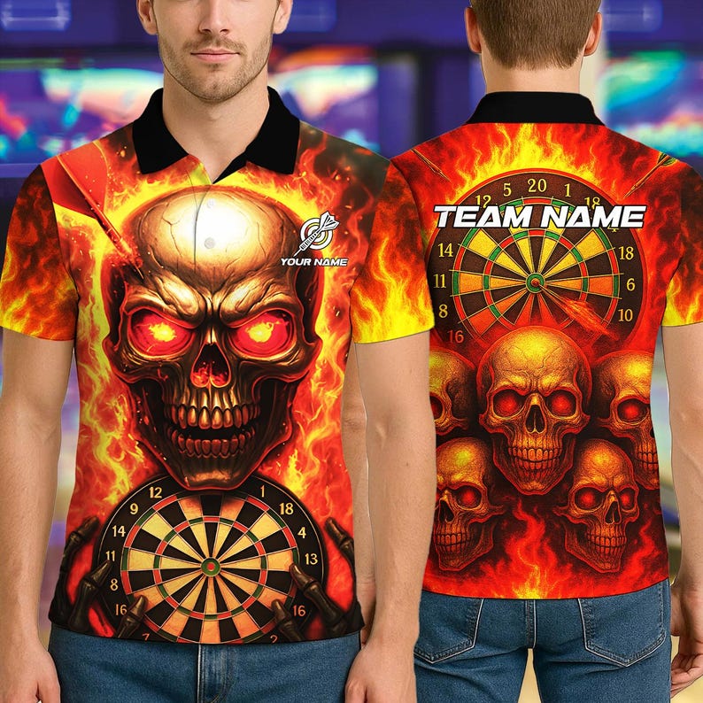 Personalized Name Dart Polo Shirt, Flame Skull With Dartboard Design ,Custom Team Shirt for Men, Gift for Darts Players