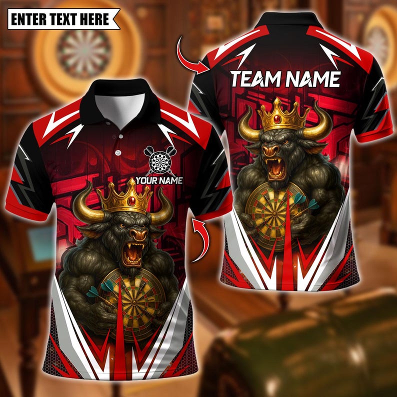 Personalized Name Dart Polo Shirt, Fire Bull Darts Design ,Custom Team Shirt for Men, Gift for Darts Players
